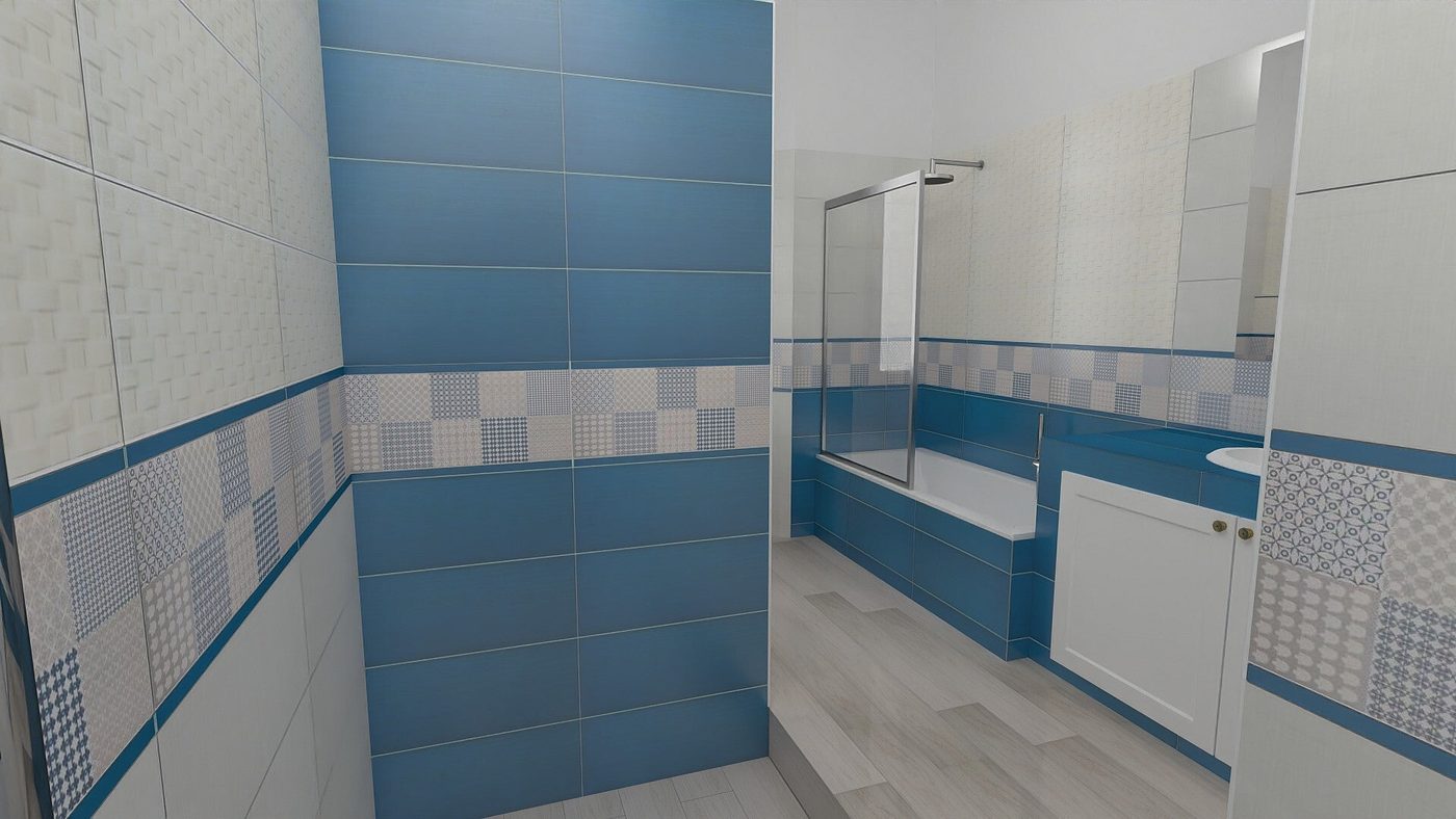 Render bagno con piastrelle azzurre