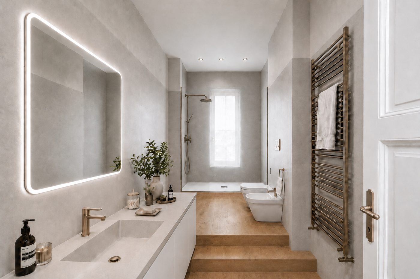 Lo stesso bagno nel render con doccia, lavabo sospeso e legno chiaro