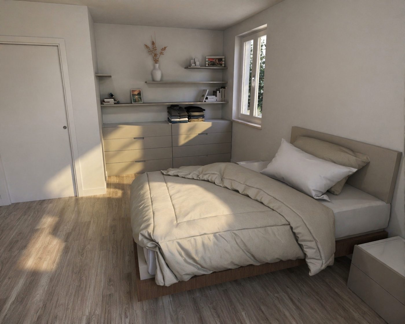 Render camera da letto con luce naturale
