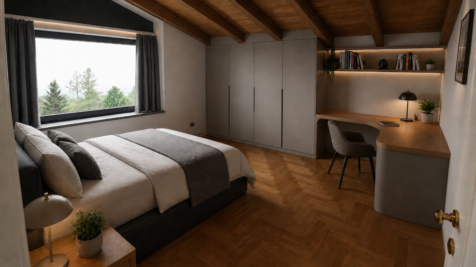 La stessa camera nel render: letto, armadio a muro, scrivania e luce calda