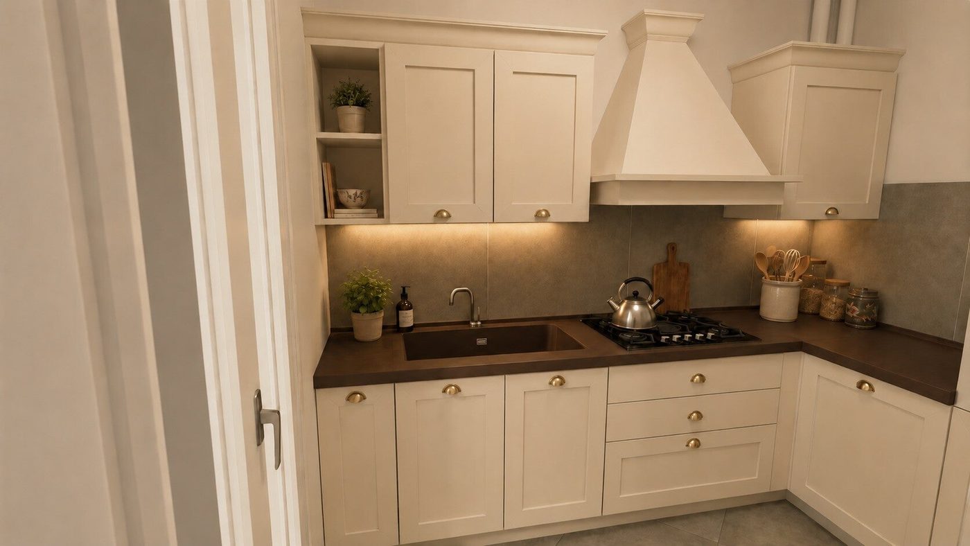 Render cucina bianca con piano in legno