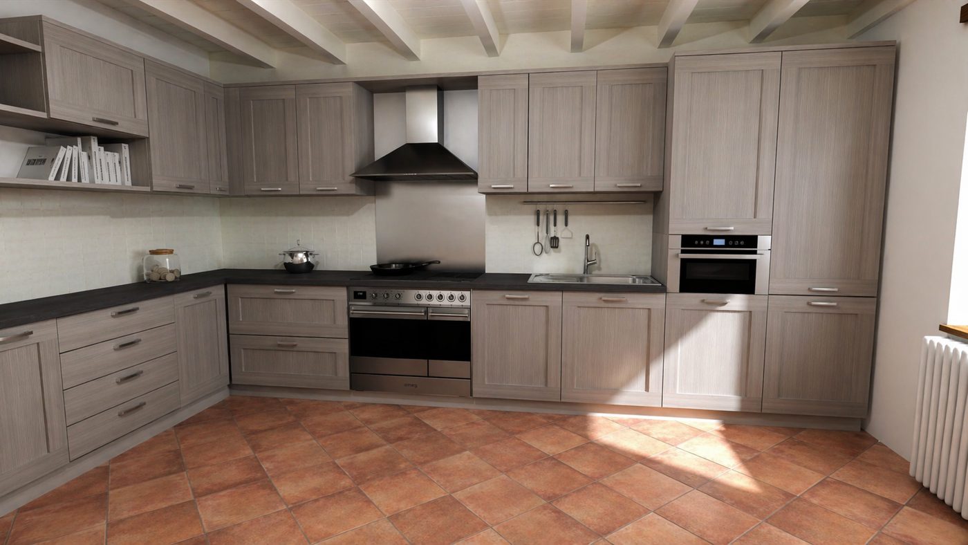 Render cucina grigia con travi a vista
