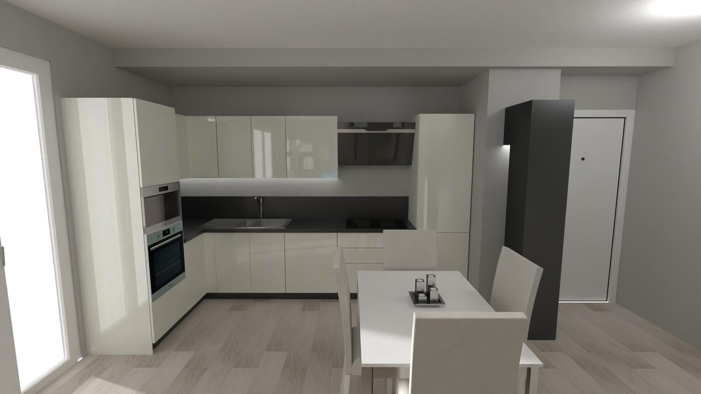 Render cucina bianca lucida con penisola