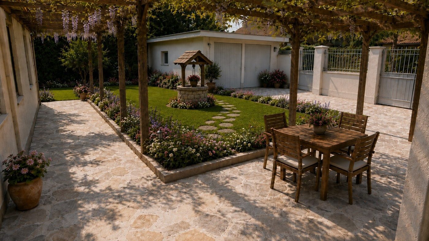 Lo stesso giardino nel render, sistemato con pergola e tavolo