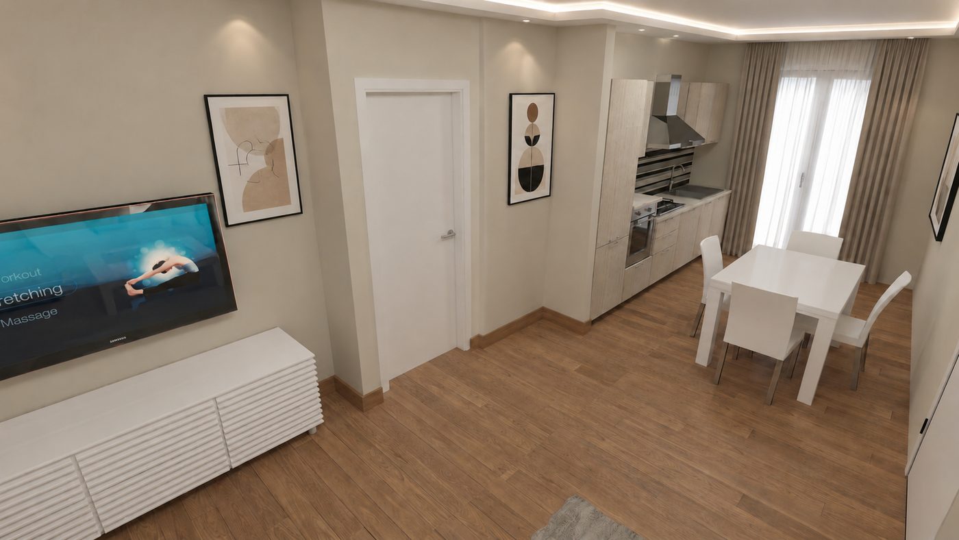 Render della zona giorno, seconda vista