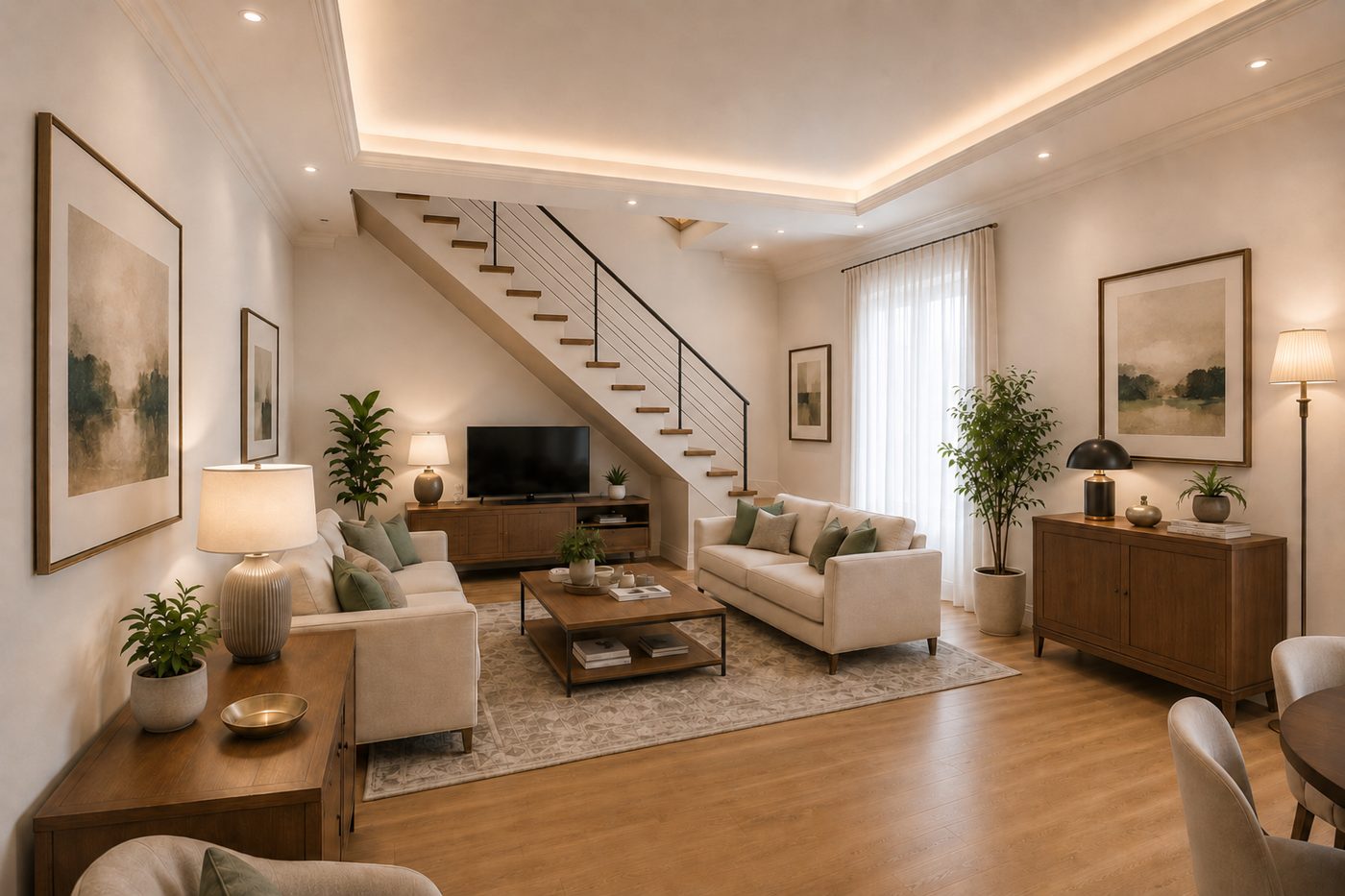 Lo stesso soggiorno nel render, pareti chiare e divano beige