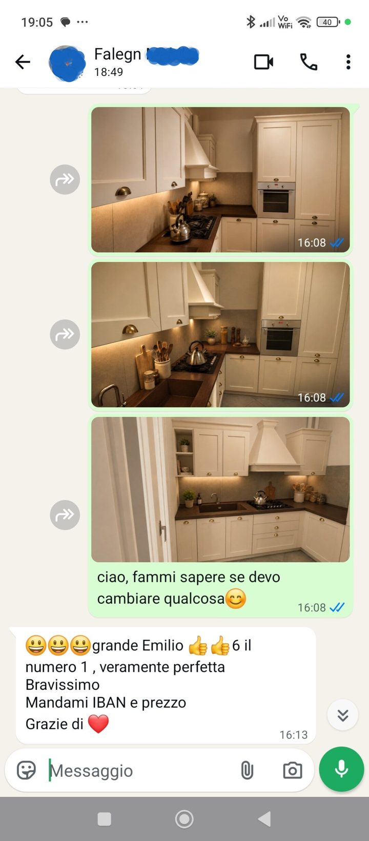 Conversazione WhatsApp: render della cucina consegnato